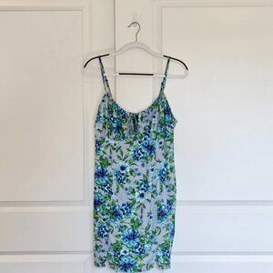 Floral Linen Dress in Blues and Greens with Tie Bodice and Elastic Back